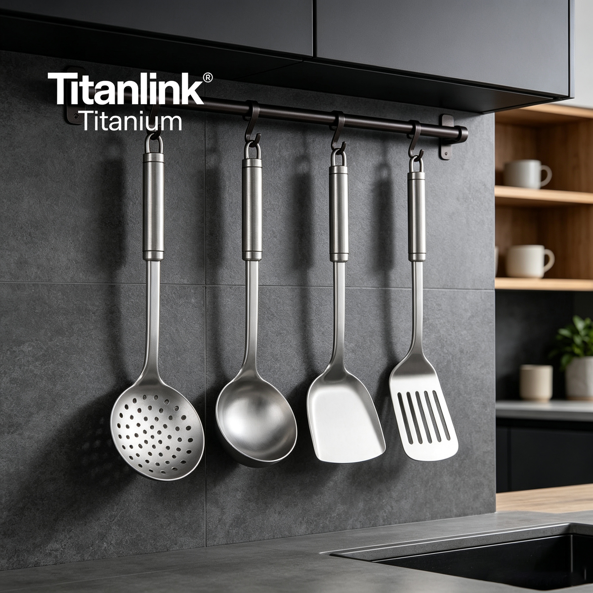Pure Titanium Kitchen Utensil Set | 4-Piece Non-Toxic Spatula, Skimmer, Dipper & Turner