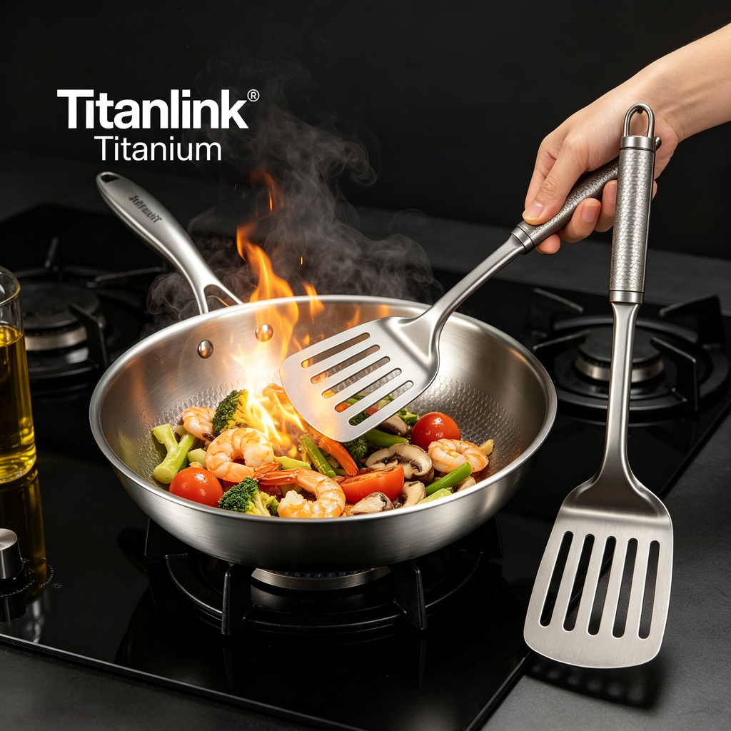 Pure Titanium Kitchen Utensil Set | 4-Piece Non-Toxic Spatula, Skimmer, Dipper & Turner